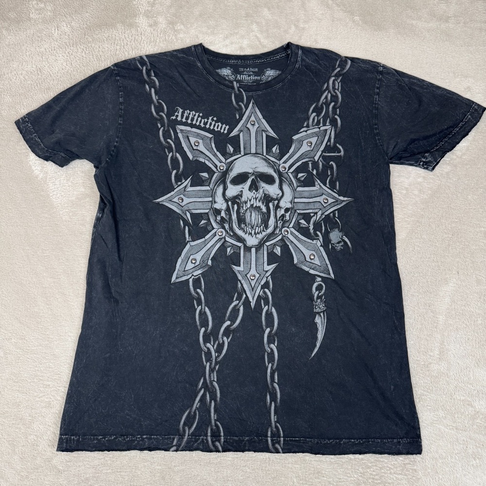 VTG Y2K Affliction Skull Chain Gothic Shirt Mens 2XL Black Preowned Acid Wash